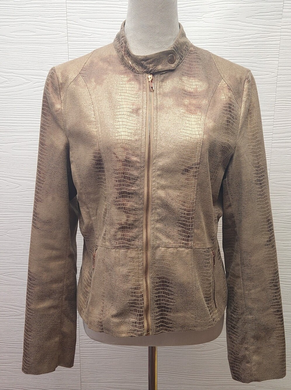 Boston Proper Metallic Snakeskin Print Moto Jacket Women’s Size 10 Gold Bronze
